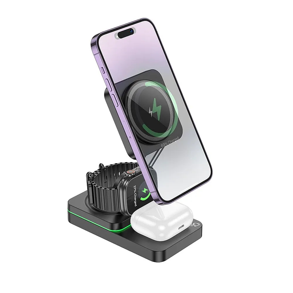 Hoco 3-in-1 Draadloze Oplader met MagSafe – 15W – Opvouwbaar – Zwart