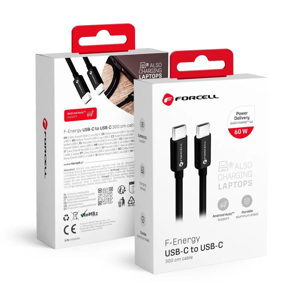 Forcell USB-C naar USB-C Kabel 60W QC4.0/PD – 3 meter – Zwart