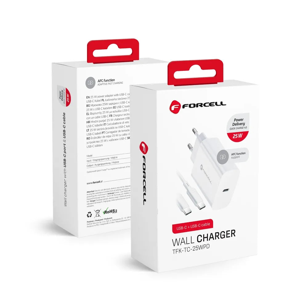 Forcell Oplader met USB-C naar USB-C kabel - 25 Watt - 1 meter - Wit