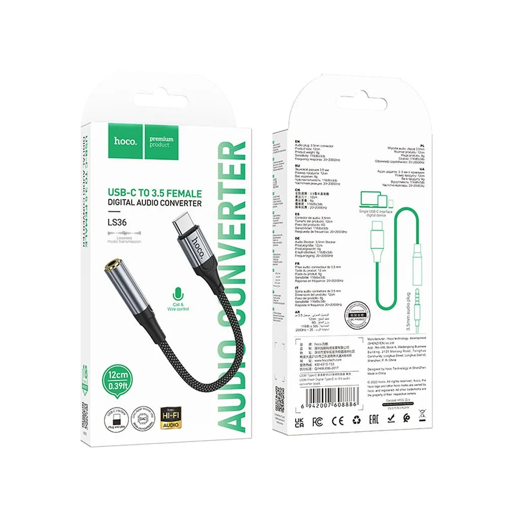 Hoco adapter USB-C naar 3,5 mm Jack – Audio adapter – 12 centimeter – Zwart