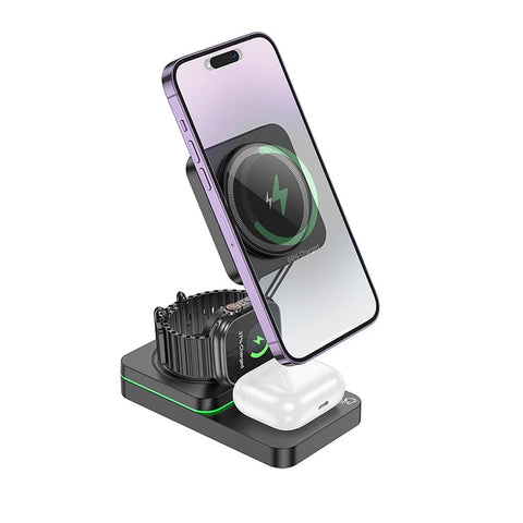 Hoco 3-in-1 Draadloze Oplader met MagSafe – 15W – Opvouwbaar – Zwart