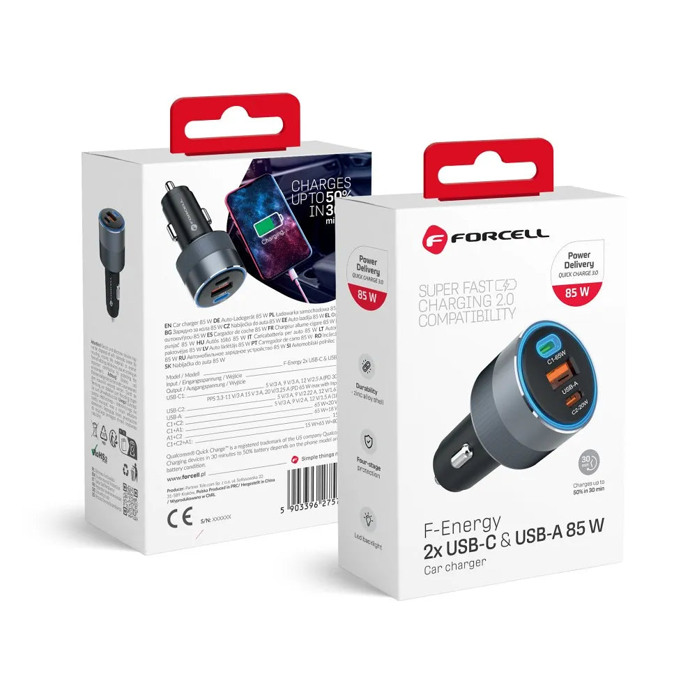 Forcell Autolader 2x USB-C + USB-A – 85W – Power Delivery & Quick Charge 4.0 – Grijs