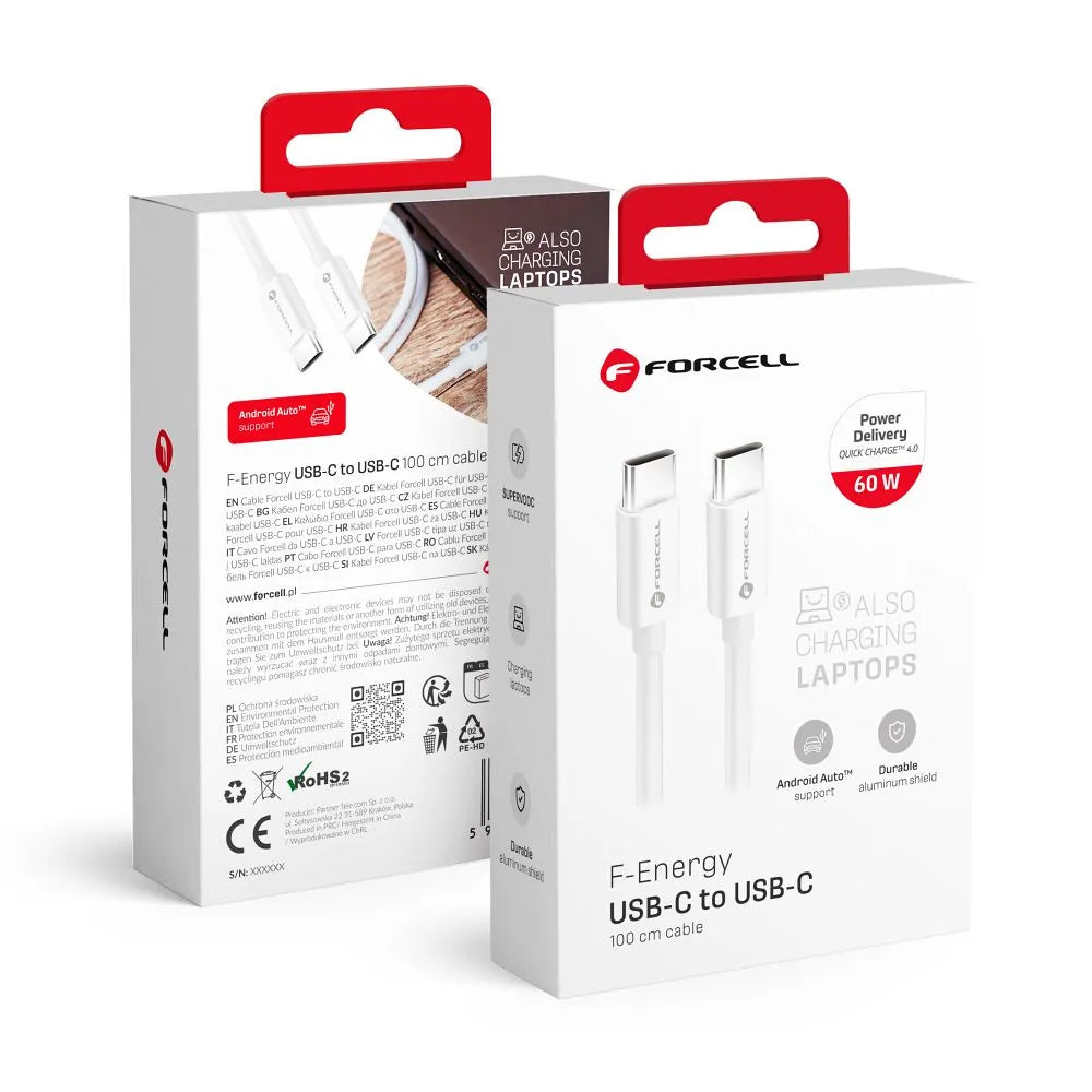Forcell USB-C naar USB-C Kabel 60W QC4.0/PD – 1 meter – Wit – productfoto 3