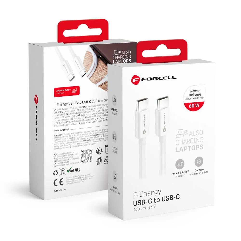 Forcell USB-C naar USB-C Kabel 60W QC4.0/PD – 2 meter – Wit – productfoto 3