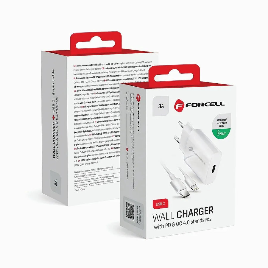 Forcell Oplader met USB-C naar Lightning kabel - 20 Watt - 1,2 meter - Wit