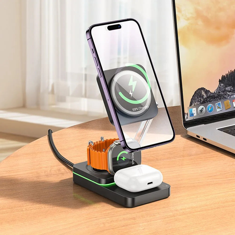 Hoco 3-in-1 Draadloze Oplader met MagSafe – 15W – Opvouwbaar – Zwart