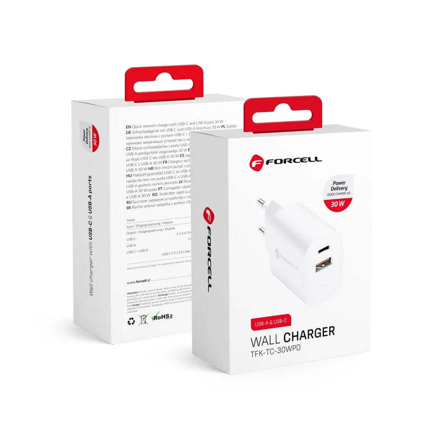 Forcell Oplader - Wall Charger – 30 Watt – USB-C & USB-A – Wit