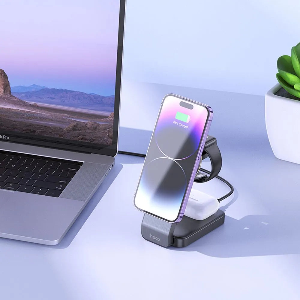 Hoco 3-in-1 Opvouwbare Draadloze Oplader met MagSafe – 15W – Zwart – productfoto 3