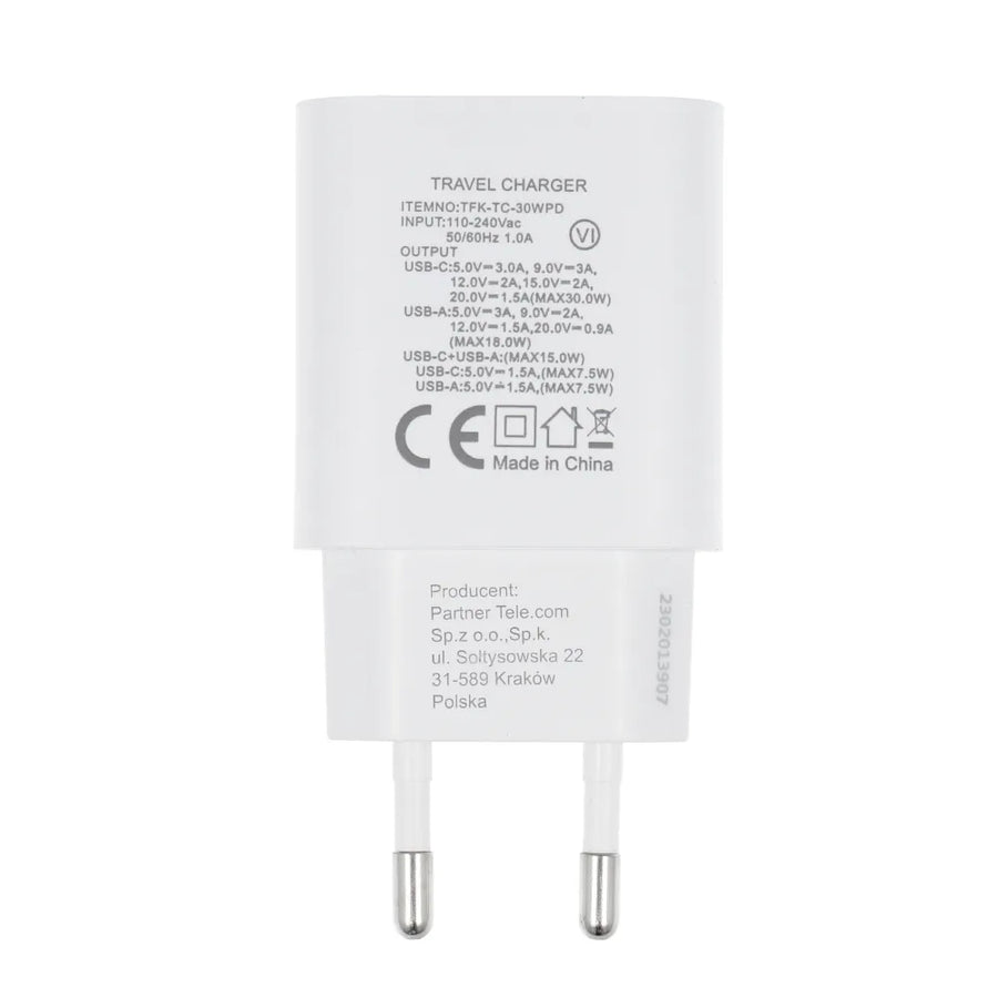 Forcell Oplader - Wall Charger – 30 Watt – USB-C & USB-A – Wit