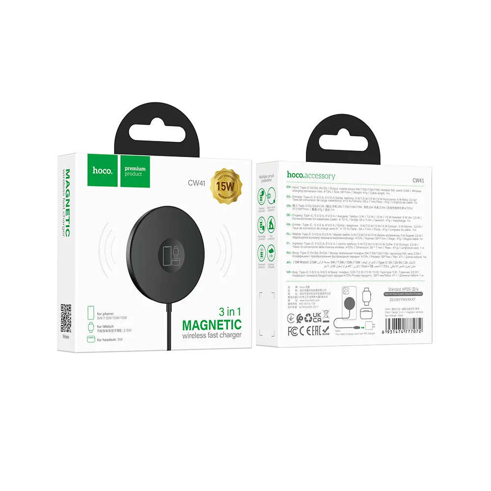 Hoco 3-in-1 Wireless Charger met MagSafe – USB-C – Draadloze Oplader – 15W – Zwart – productfoto 5