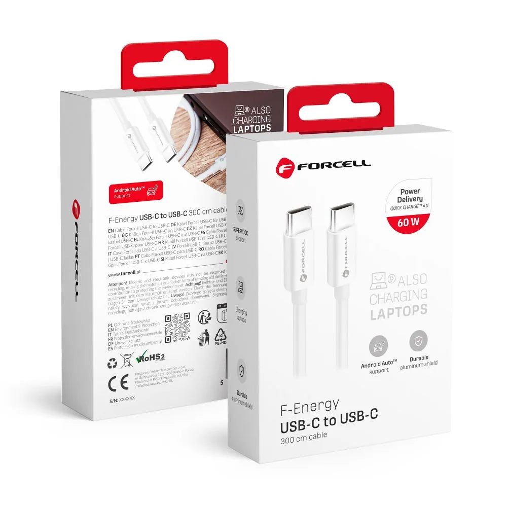 Forcell USB-C naar USB-C Kabel 60W QC4.0/PD – 3 meter – Wit – productfoto 3