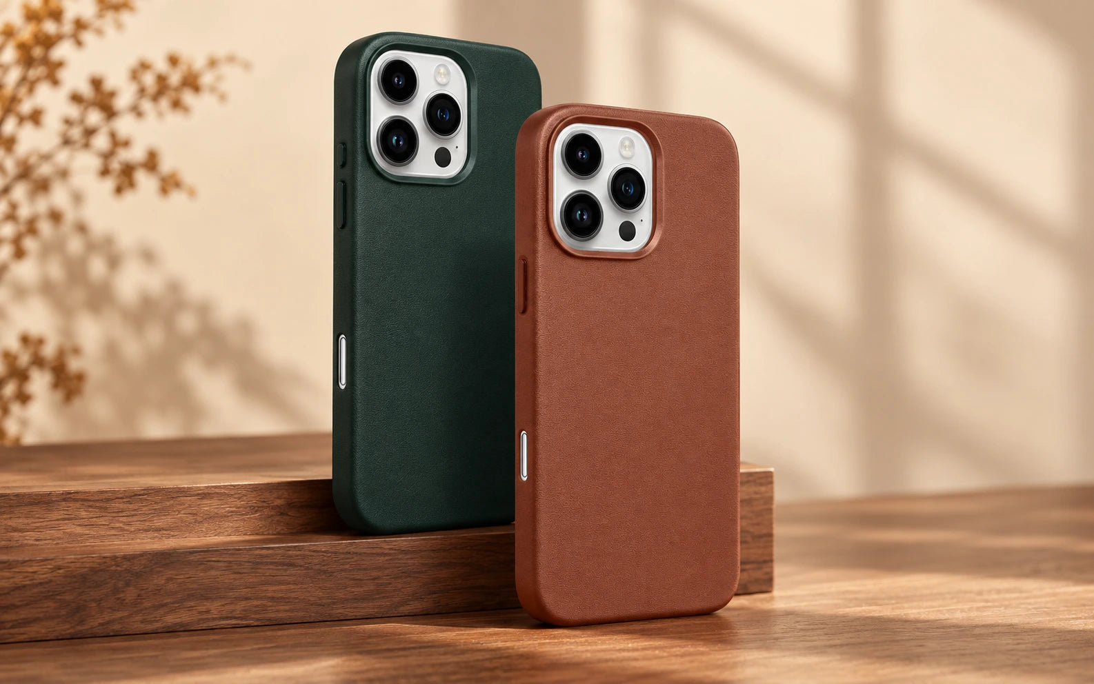 Coques effet cuir vert forêt et terre d’ombre sur un bloc de bois